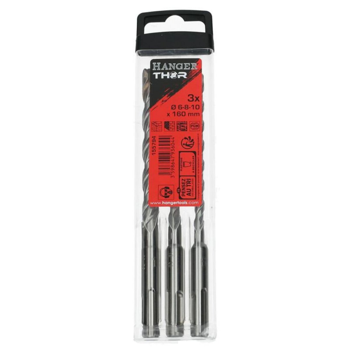 Shiny Hanger Set de 3 forets béton SDS Plus 2 taillants THOR 6 8 10 x 160 mm HANGER 155794