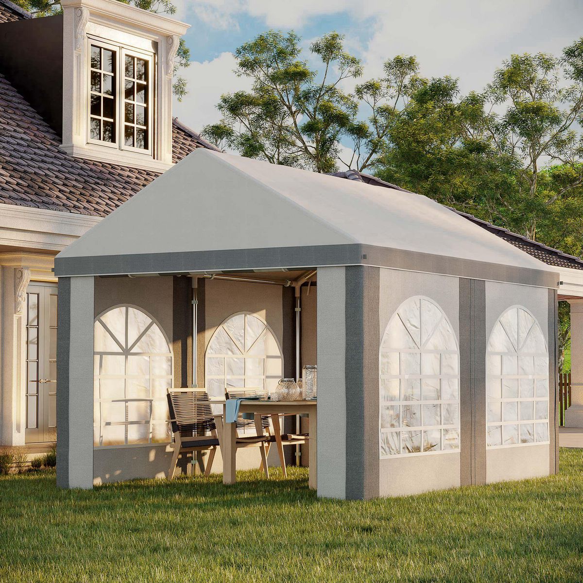 OUTSUNNY Barnum tonnelle chapiteau de jardin dim. 4L x 2,95l x 2,85H m - 4 fenêtres, 2 portes - acier galvanisé PE blanc gris