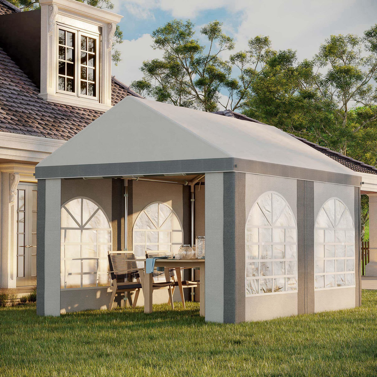 OUTSUNNY Barnum tonnelle chapiteau de jardin dim. 4L x 2,95l x 2,85H m - 4 fenêtres, 2 portes - acier galvanisé PE blanc gris