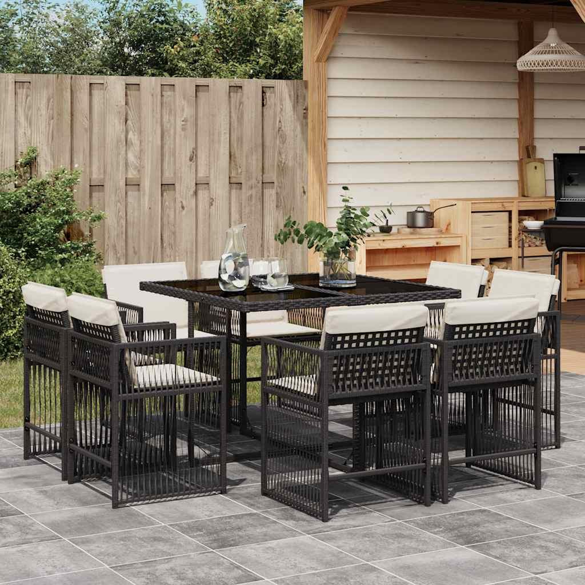 VIDAXL Ensemble a manger de jardin 9pcs coussins noir resine tressee