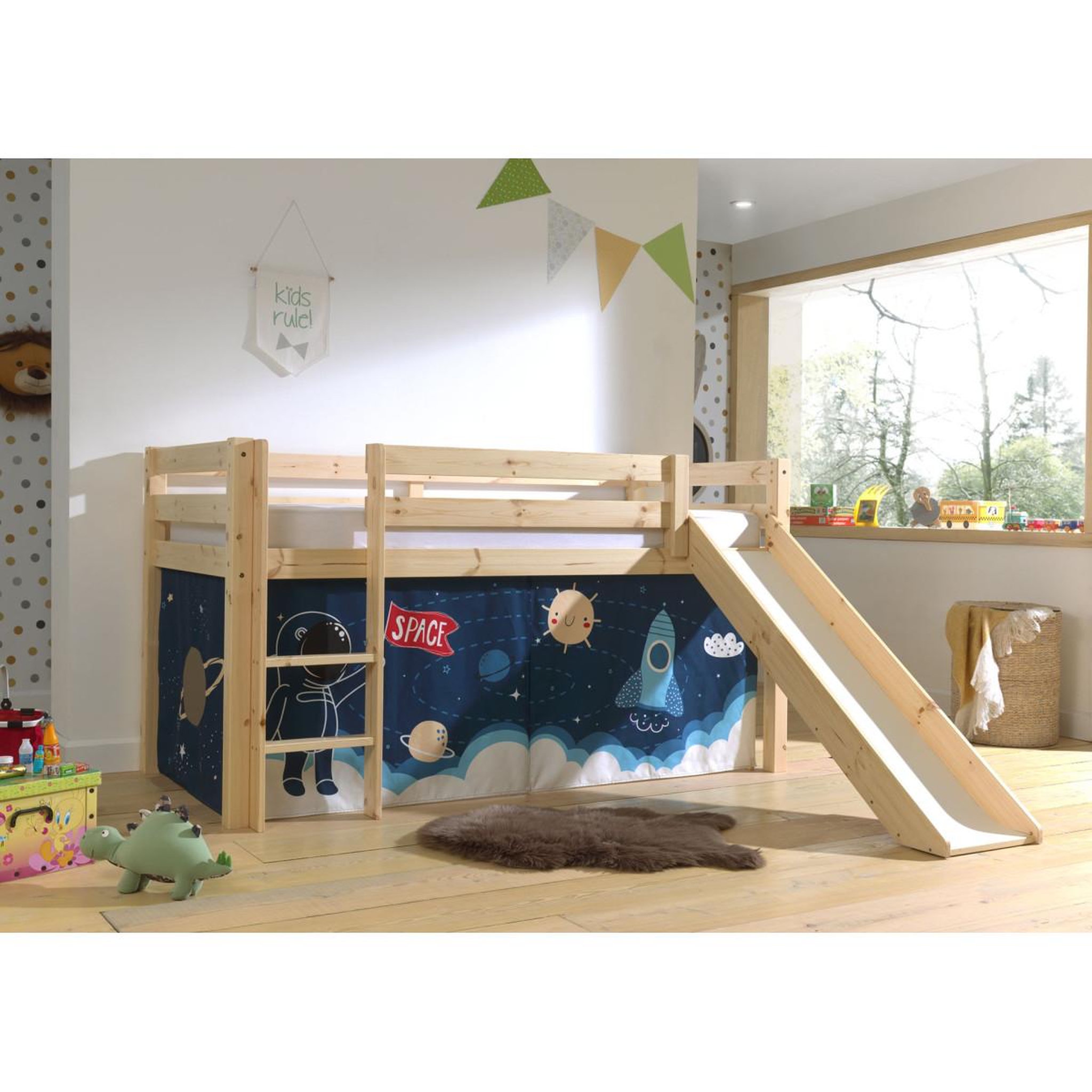 Voir la diapositive 2 : Paris Prix Lit enfant surélevé avec toboggan  pino space shuttle  90x200cm naturel