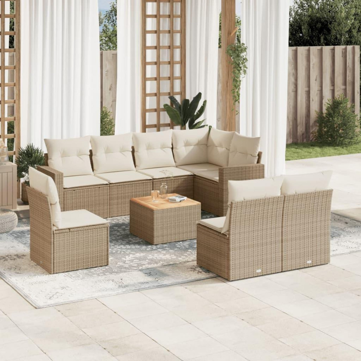 VIDAXL Salon de jardin avec coussins 9 pcs beige resine tressee