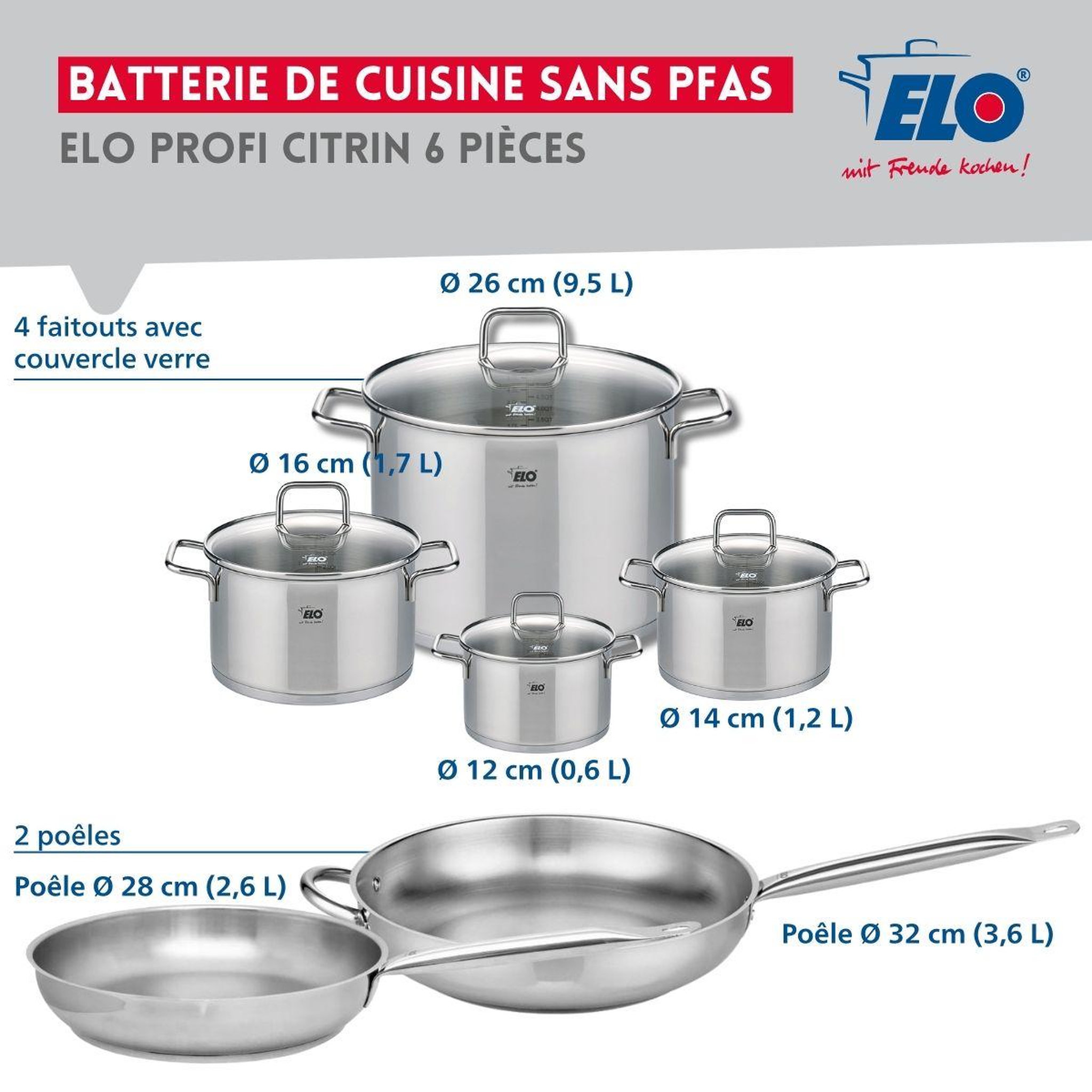 Voir la diapositive 2 : ELO Ensemble de 2 poêles de cuisson 28 et 32 cm et 4 faitouts 12, 14, 16 et 26 cm elo profi citrin