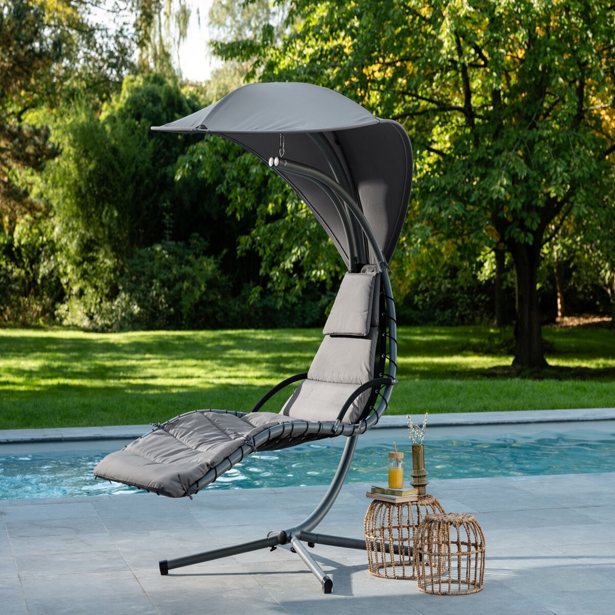 GARDENSTAR Fauteuil suspendu de jardin - Acier et polyester - Gris - 128x190x200cm