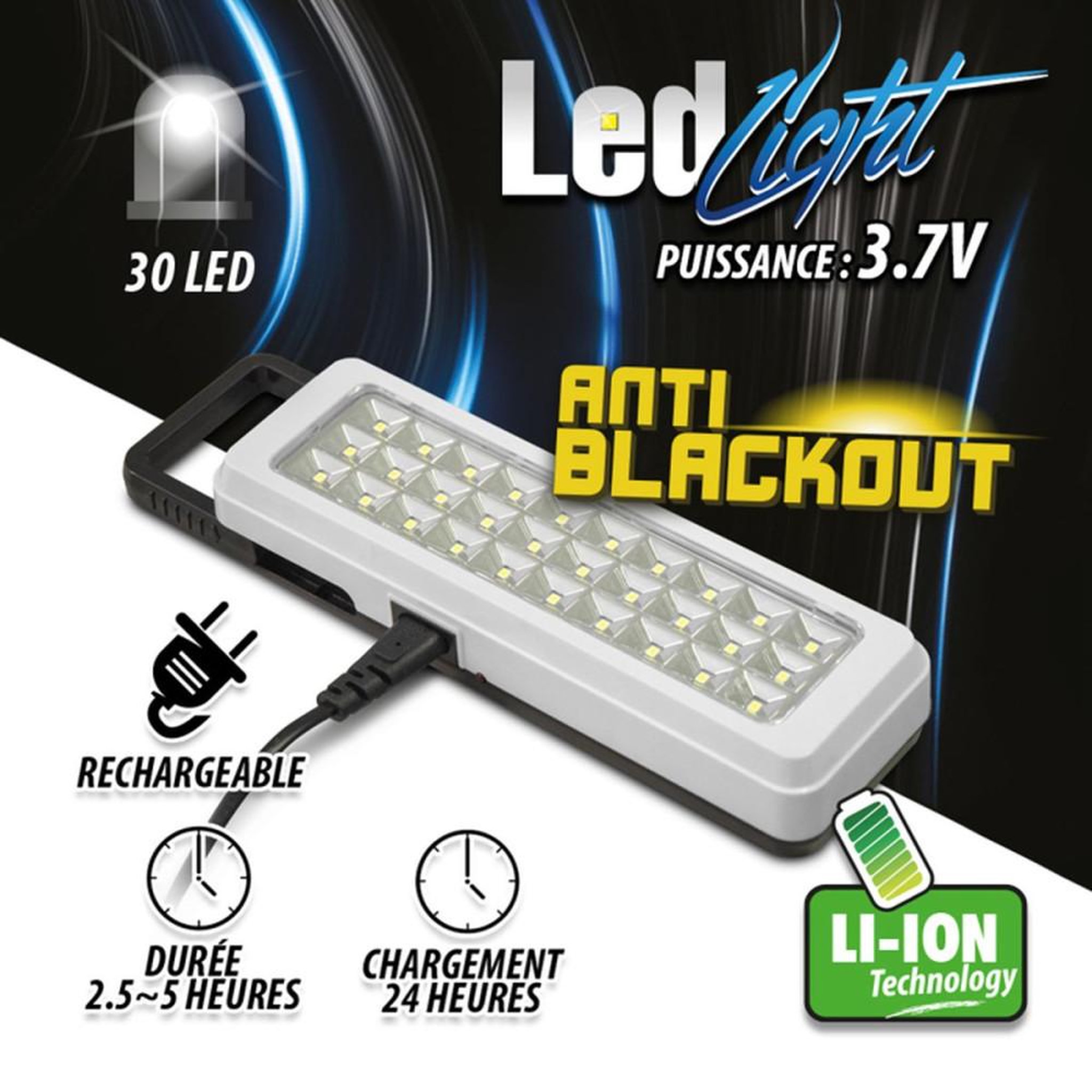 Voir la diapositive 2 : Lampe de secours rechargeable 30 LED anti-blackout, poignée rétractable, 2 modes de luminosité