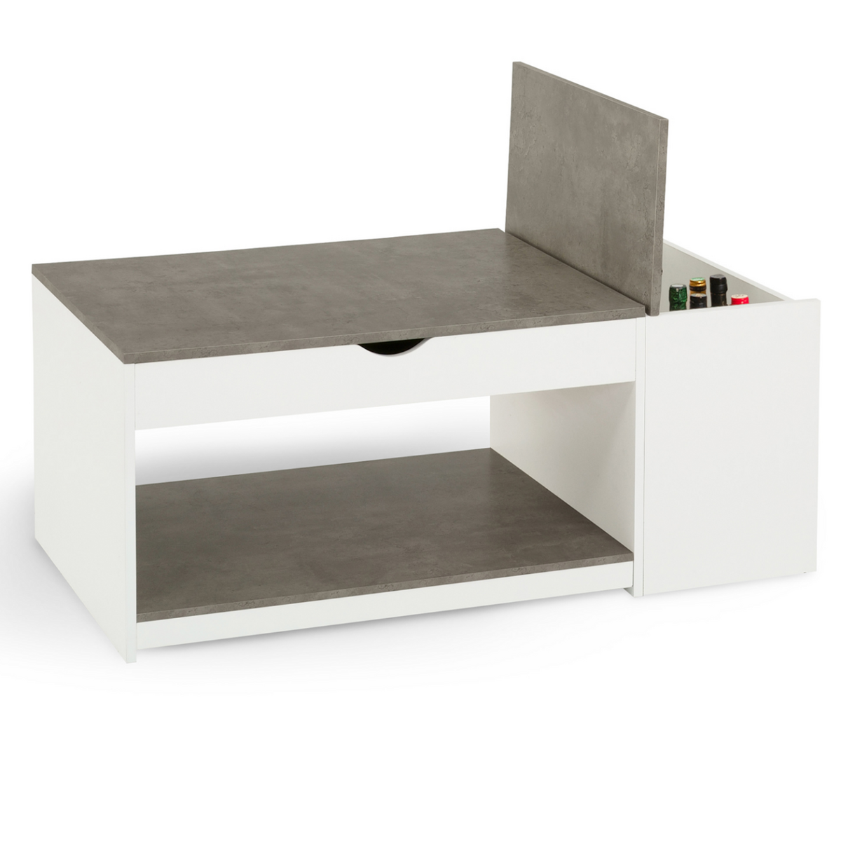 ID MARKET Table basse plateau relevable rectangulaire ELEA avec coffre bois blanc et effet béton