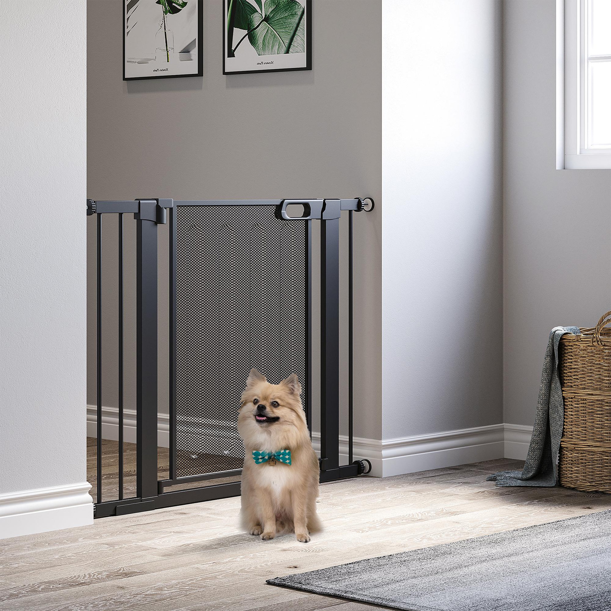 Voir la diapositive 4 : PAWHUT Barrière de sécurité animaux - longueur réglable dim. 75-103 cm - porte double verrouillage, ouverture double sens -sans perçage - acier abs noir