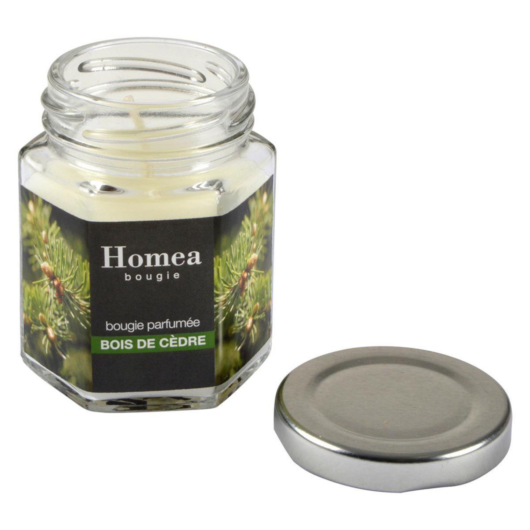 Voir la diapositive 2 : HOMEA Bougie verrine parfumée  essentiel  7cm bois de cèdre