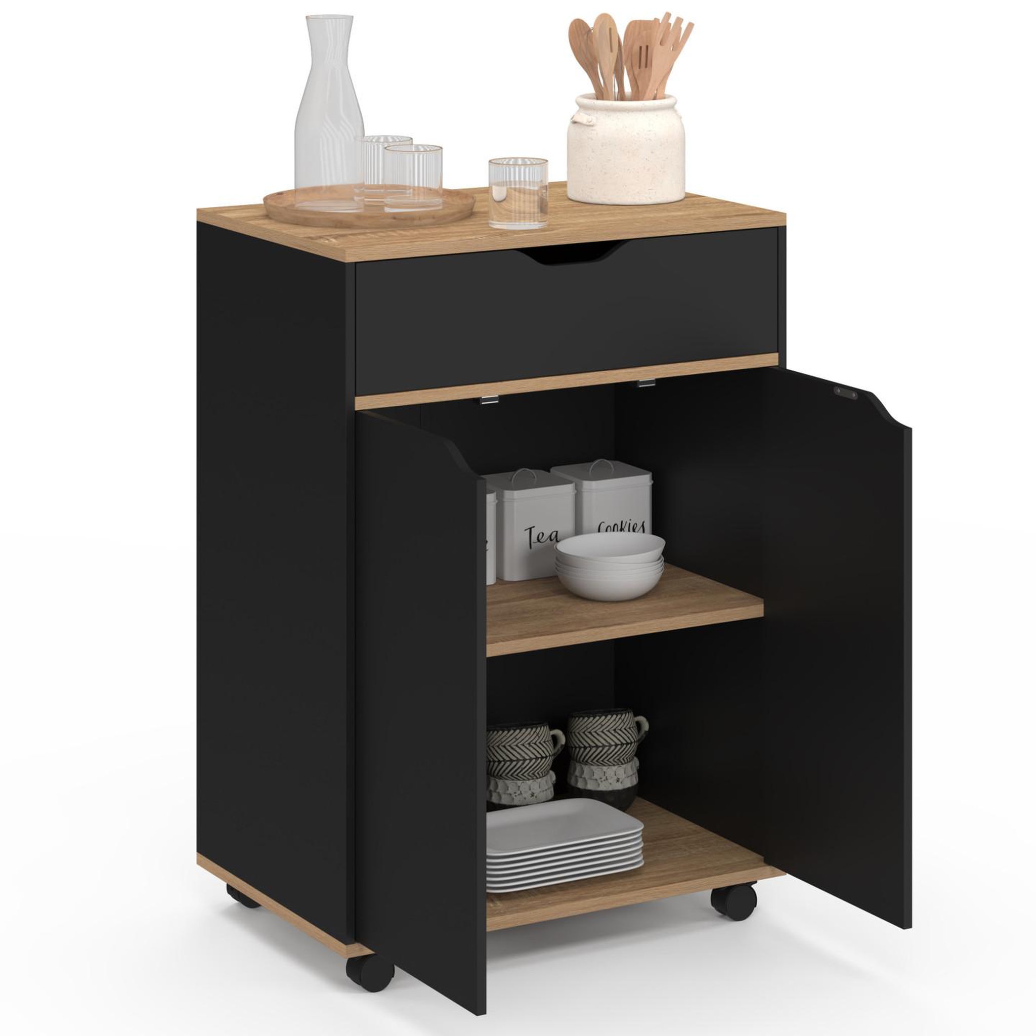 Voir la diapositive 4 : ID MARKET Desserte de cuisine cosy placard avec tiroir bois noir et plateaux façon hêtre l.60 cm
