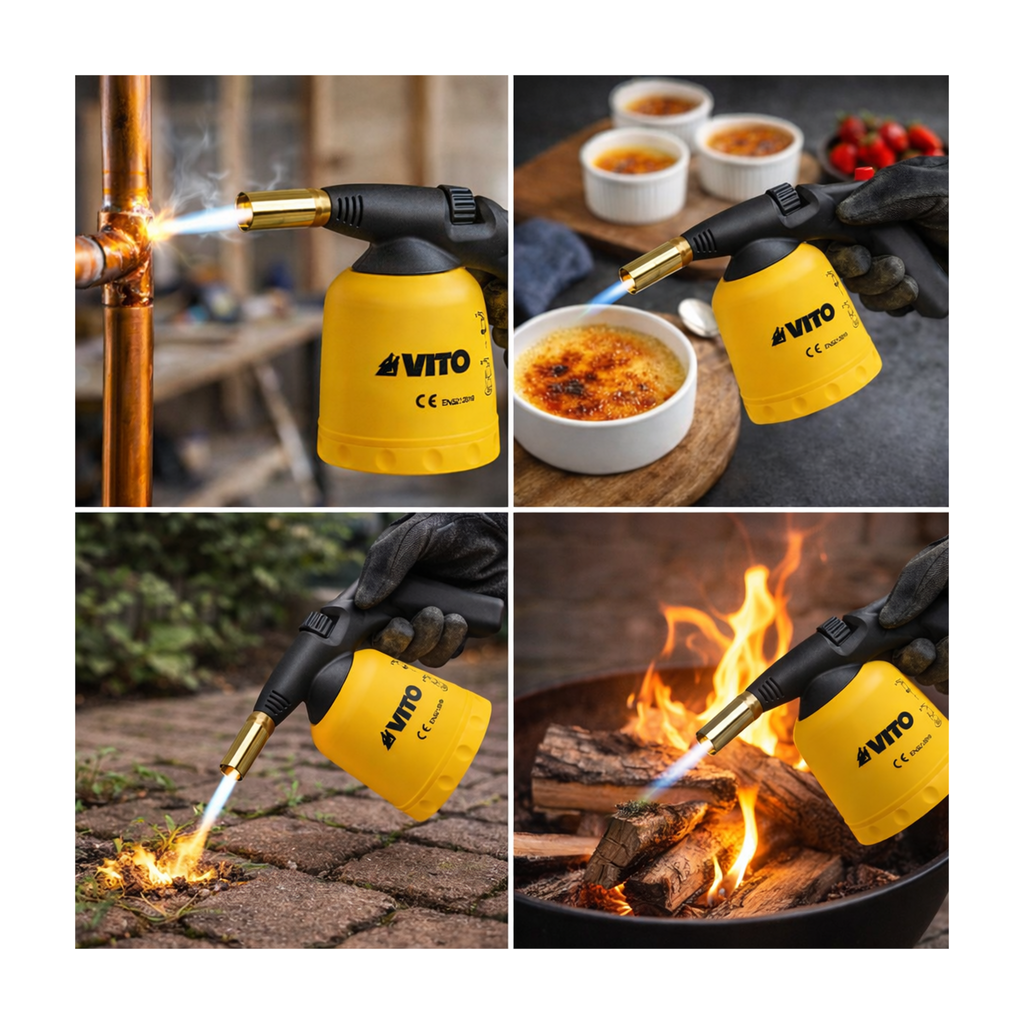 Voir la diapositive 2 : VITO Lampe à souder gaz 1700w allumage piezo 1200°c gaz butane 190g – chalumeau gaz bricolage plomberie soudure cuisine
