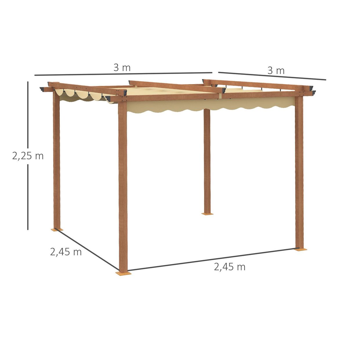 OUTSUNNY Pergola rétractable 3L x 3l x 2,25H m structure alu. aspect bois toile polyester haute densité beige