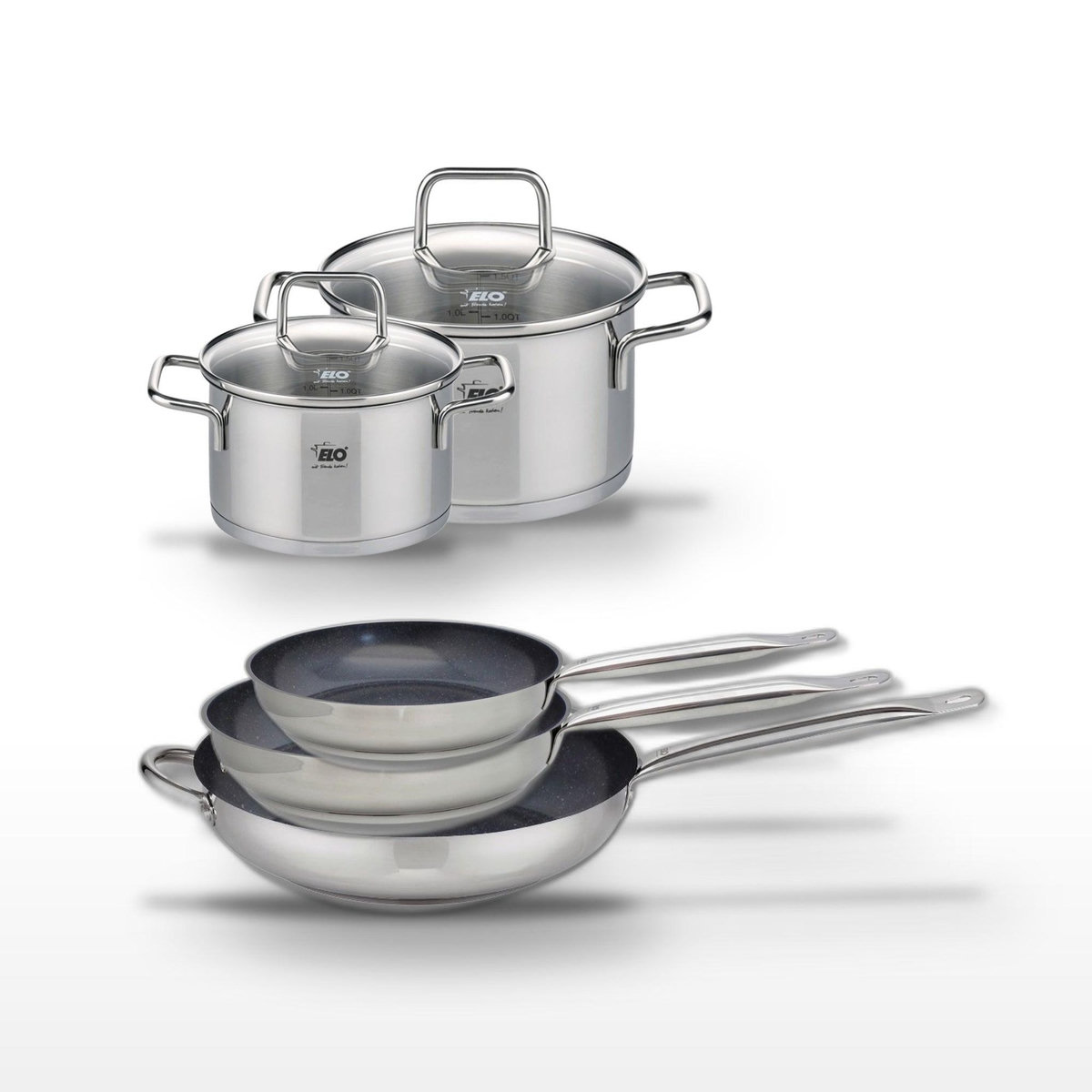 ELO Lot de 3 Poêles 24/28/32 cm Elo Profi Therm Platinum et 2 Faitouts 16/20 cm
