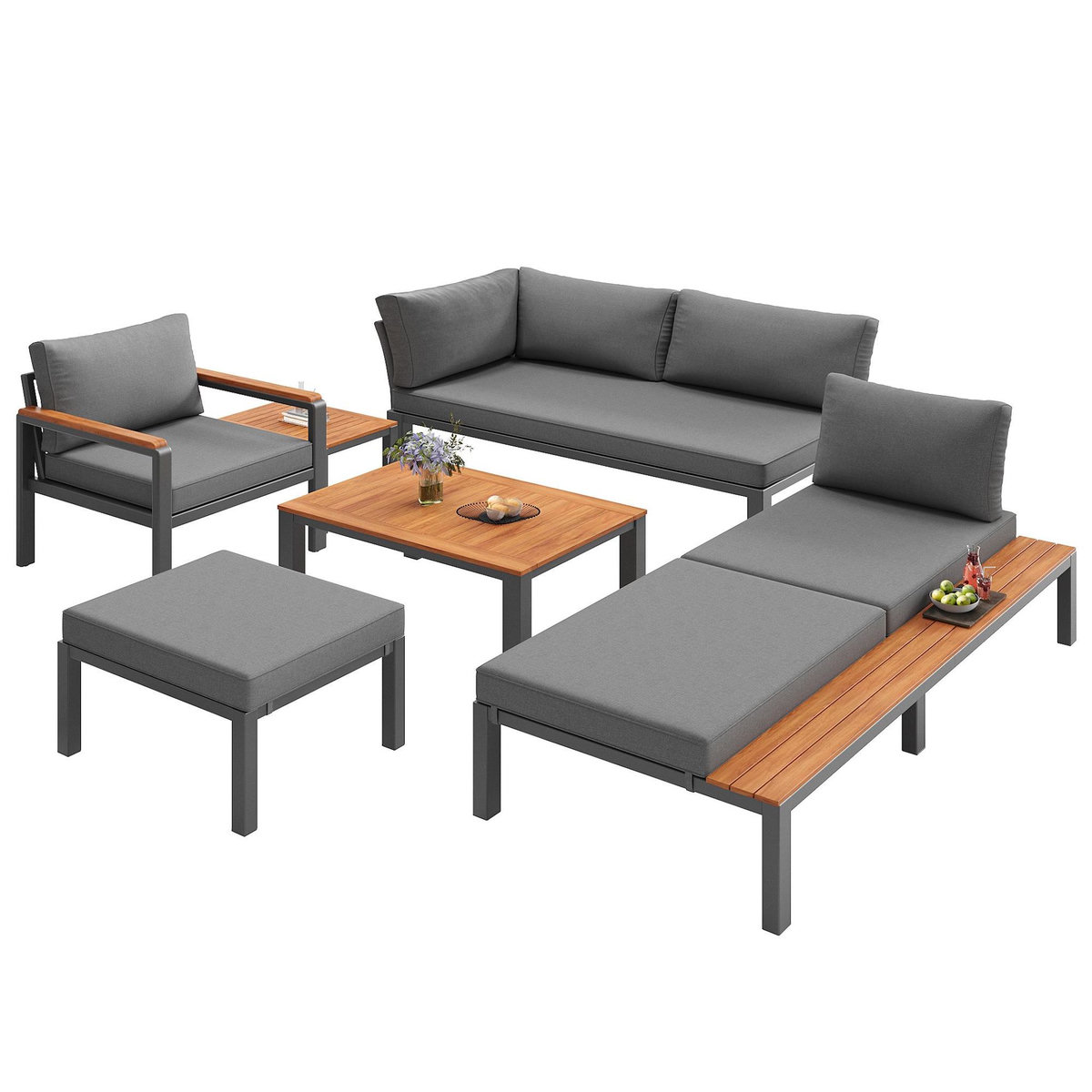 MERAX Salon de jardin modulaire pour 5-6 personnes en métal avec coussins et tables en bois, gris