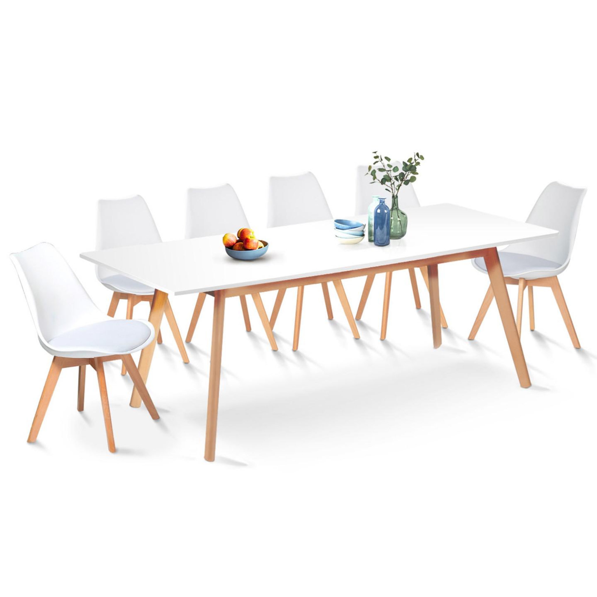 ID MARKET Ensemble table à manger extensible INGA 160-200 cm et 6 chaises SARA blanches design scandinave