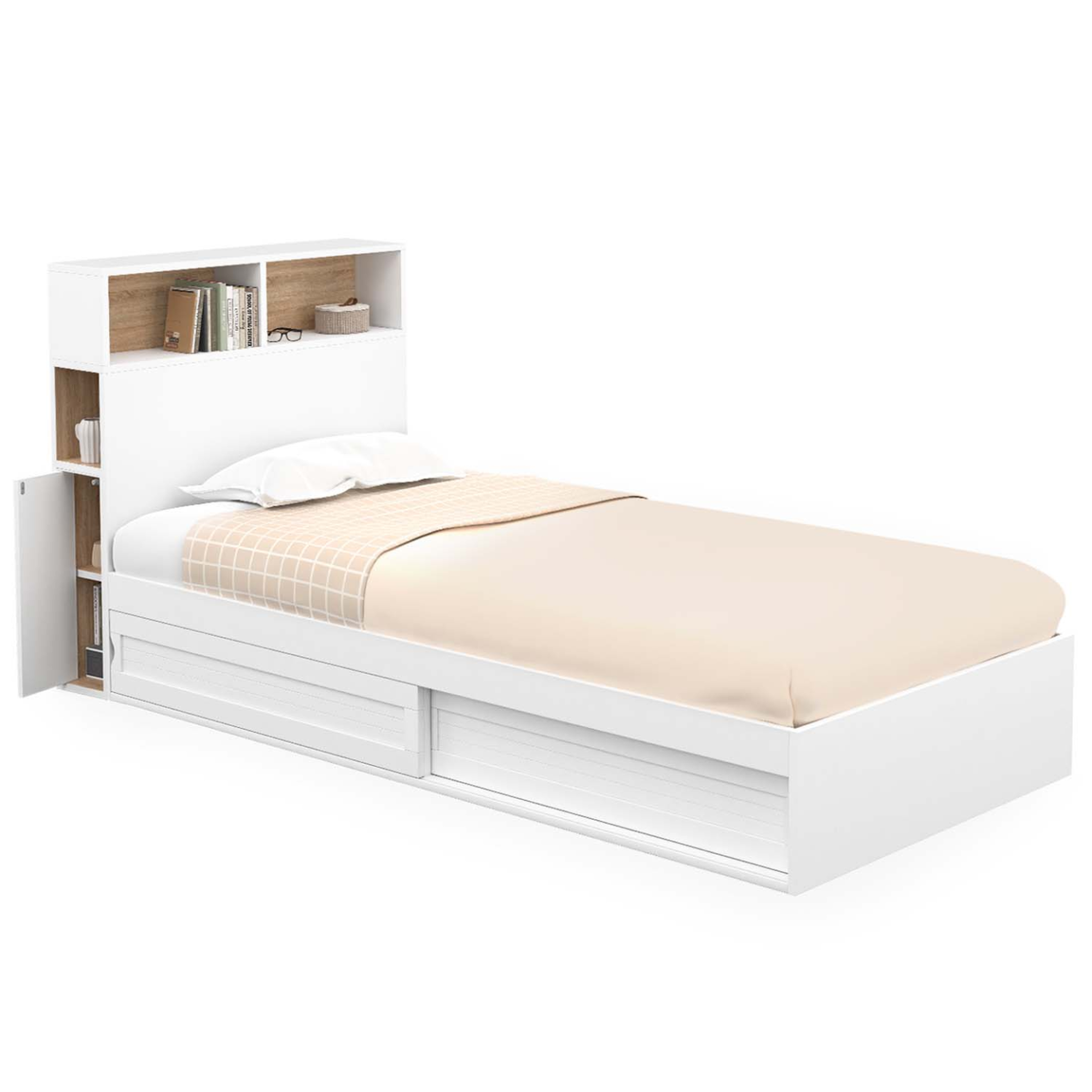 ID MARKET Lit simple clem avec rangement, tête de lit et sommier 90 x 190 cm blanc et hêtre