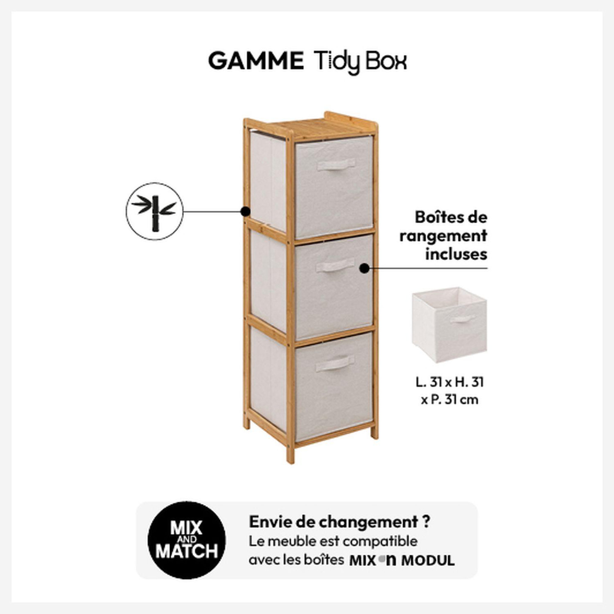 Voir la diapositive 6 : FIVE Etagère 3 paniers de rangement tidy box - beige