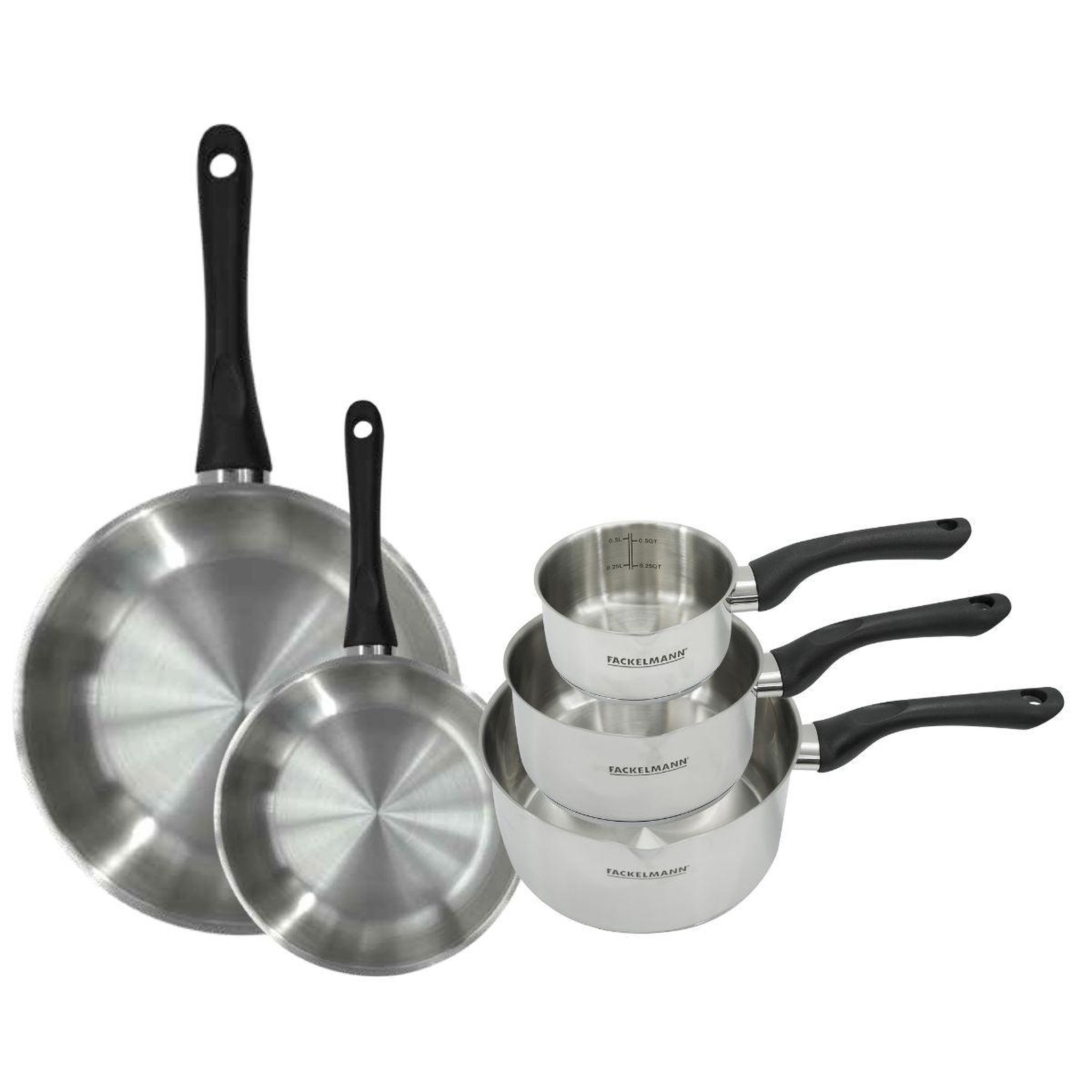 Fackelmann Set 2 poêles 20 et 28 cm et 3 casseroles 12 16 et 20 cm en inox fackelmann geneva