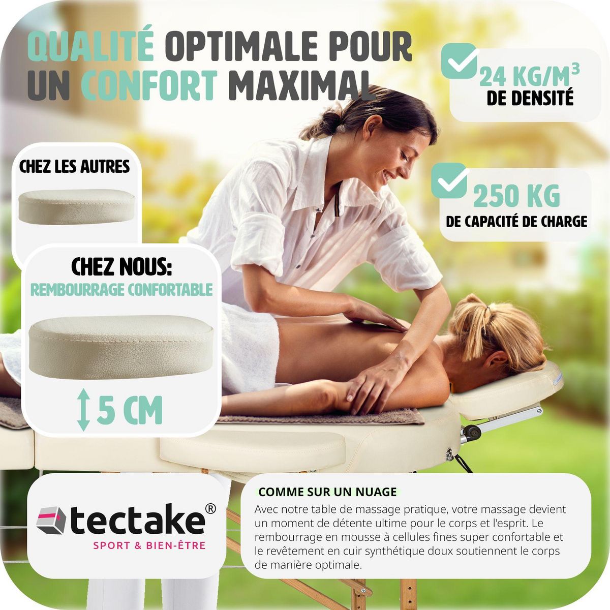 tectake Table de massage portable pliante à 3 zones confortable Largeur 70 cm et rembourrage 5 cm beige