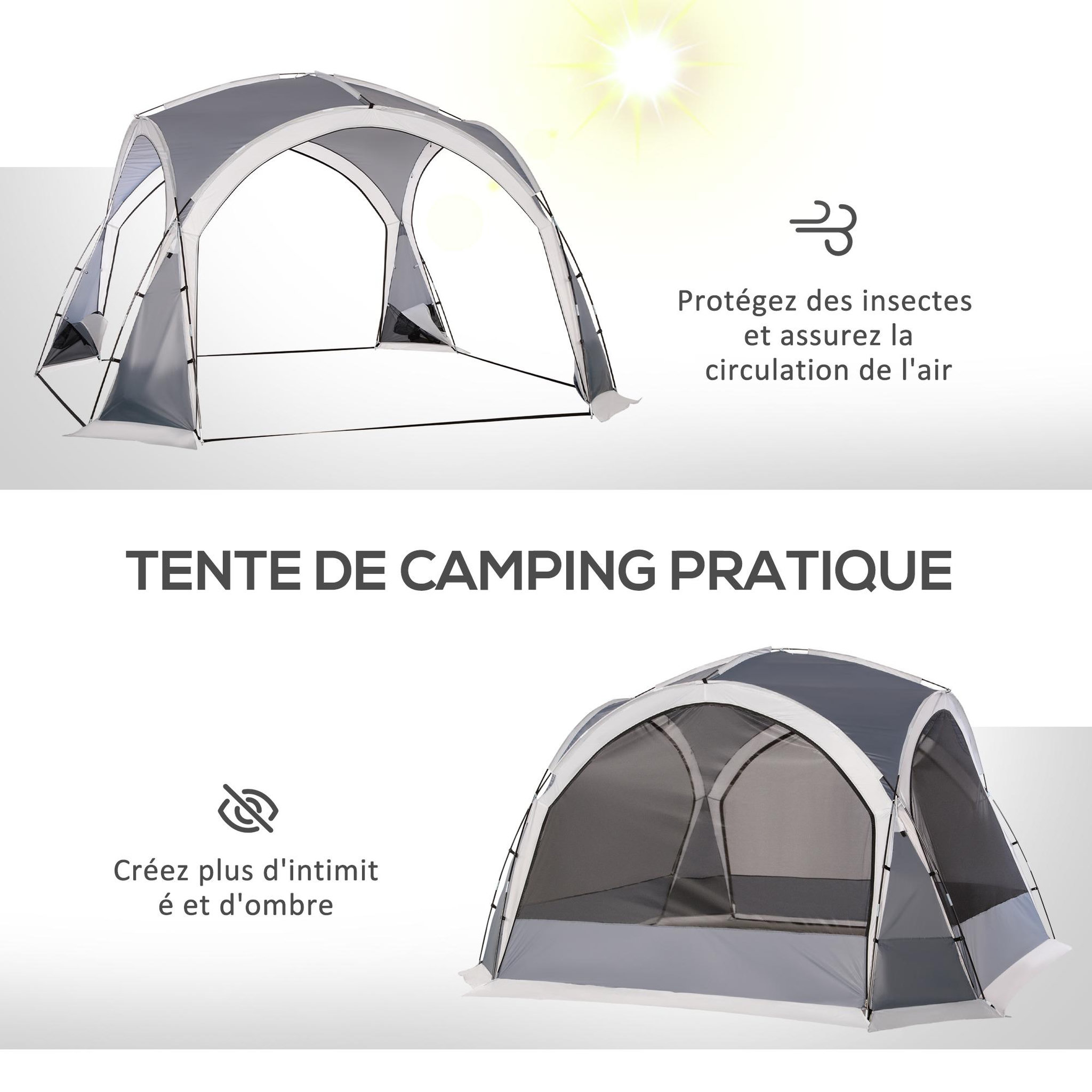 Voir la diapositive 4 : OUTSUNNY Tente de camping dôme familiale 6-8 personnes - 4 portes en filet zippées, tissu oxford amovible, crochet lampe, sac de transport - dim. 350l x 350l x 230h cm - blanc gris