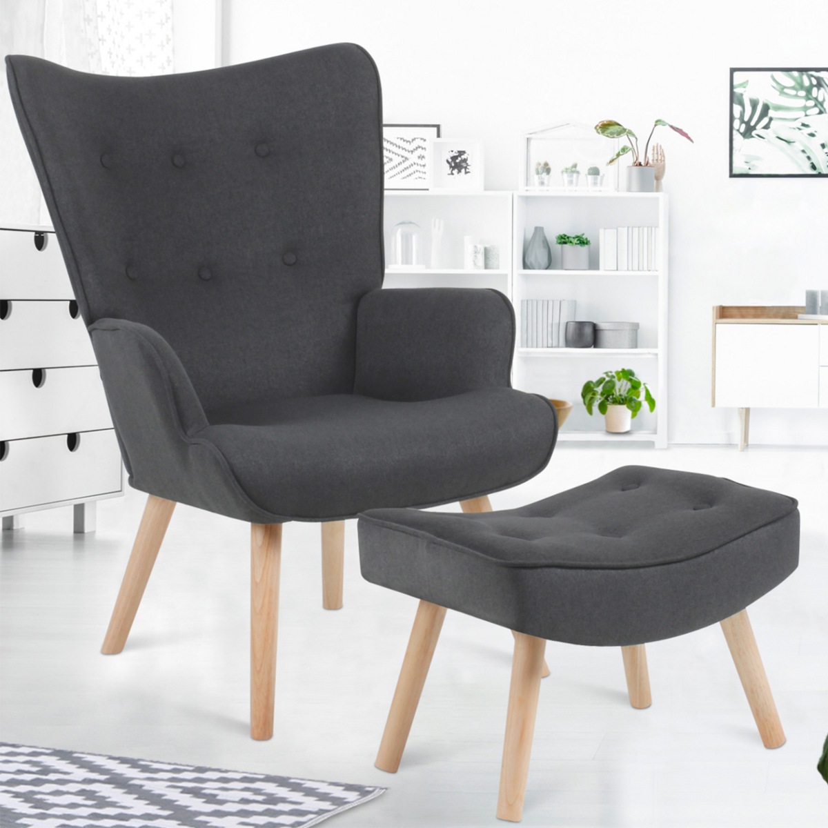 ID MARKET Fauteuil scandinave IVAR avec repose pieds gris anthracite