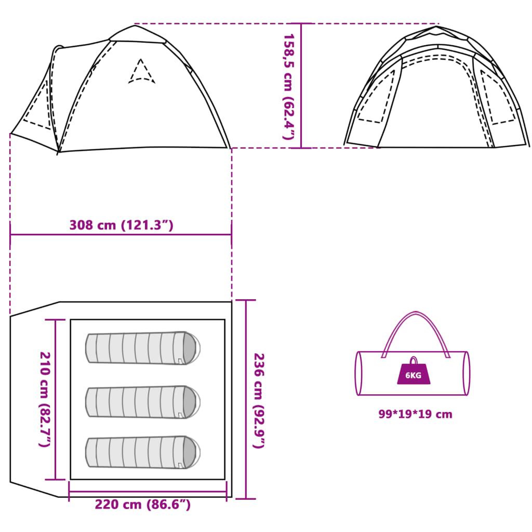 Voir la diapositive 6 : VIDAXL Tente de camping a dome 3 personnes vert liberation rapide
