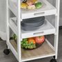 Voir la diapositive 6 : HOMCOM Chariot de service desserte de cuisine à roulettes panier + 2 plateaux amovibles, tiroir, étagère MDF chêne clair bois pin