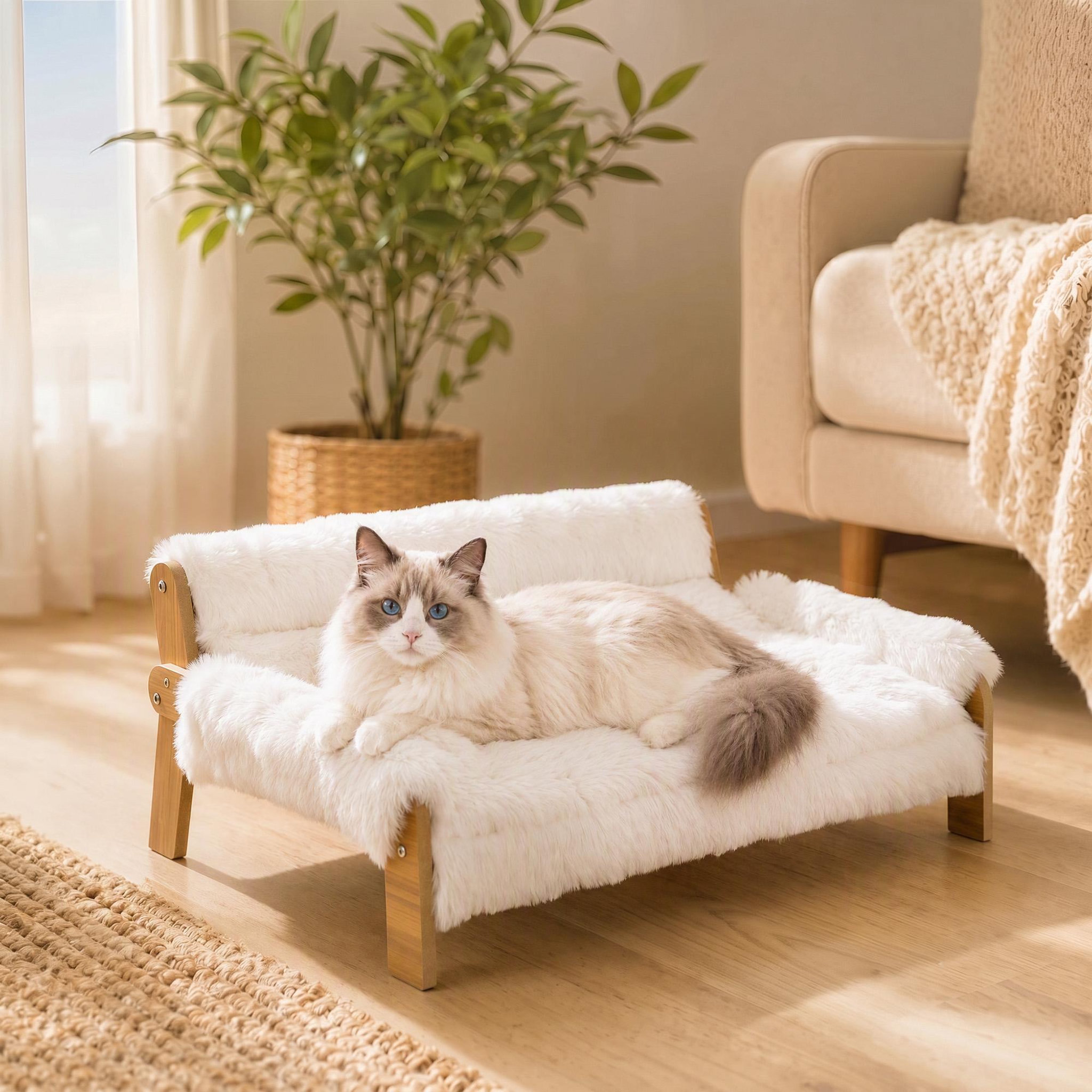 Voir la diapositive 6 : PAWHUT Canapé chien style nordique bois fourrure 70L x 47l x 30H cm