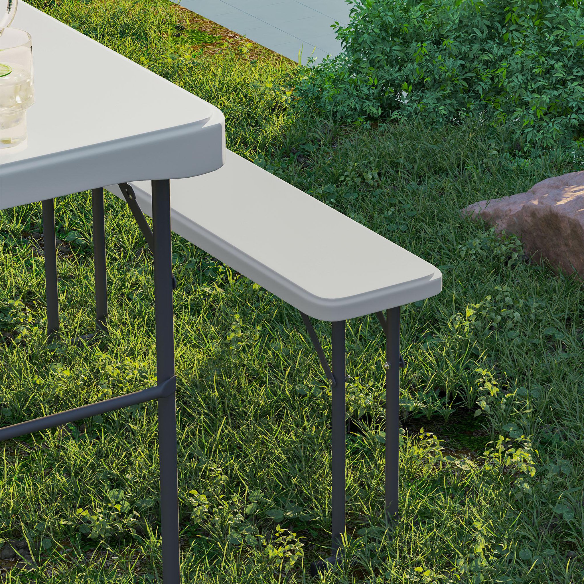 Voir la diapositive 4 : OUTSUNNY Ensemble table 2 bancs pliables avec poignées - usage pique-nique camping - métal époxy hdpe gris clair
