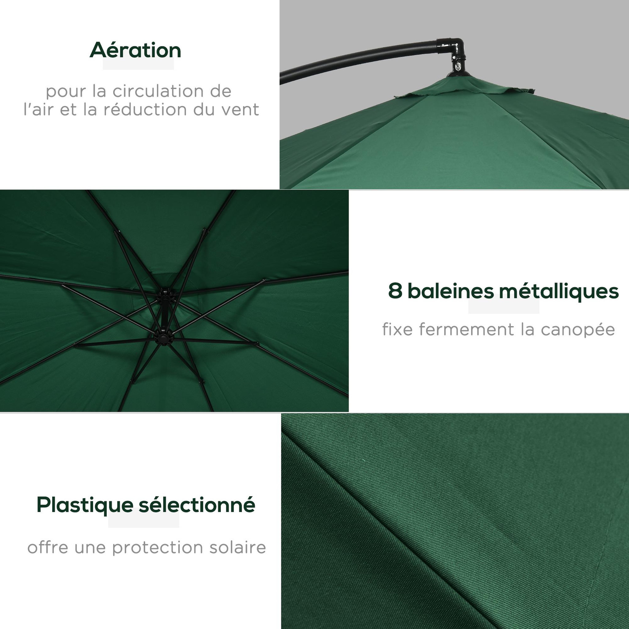 Voir la diapositive 5 : OUTSUNNY Parasol déporté octogonal inclinable pivotant manivelle moustiquaire pied acier Ø 2,95 x 2,42H m vert