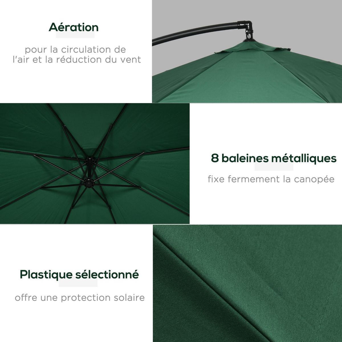 OUTSUNNY Parasol déporté octogonal inclinable pivotant manivelle moustiquaire pied acier Ø 2,95 x 2,42H m vert