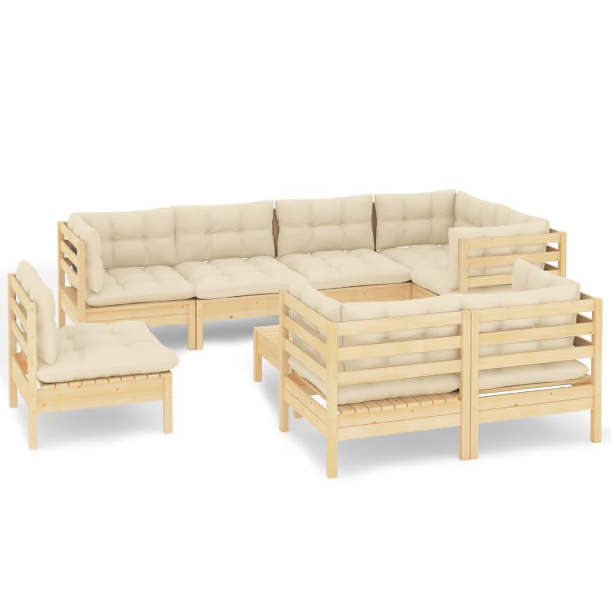 Voir la diapositive 2 : VIDAXL Salon de jardin 9 pcs avec coussins creme bois de pin massif