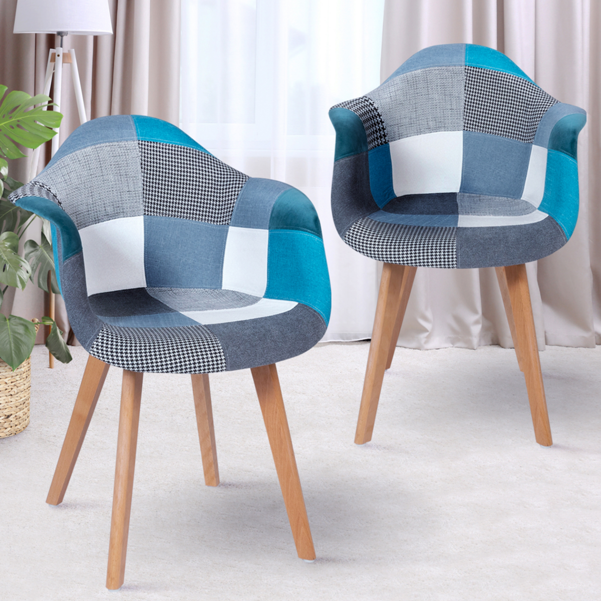 ID MARKET Lot de 2 chaises de salle à manger scandinaves, fauteuils de table SARA motifs patchworks bleus