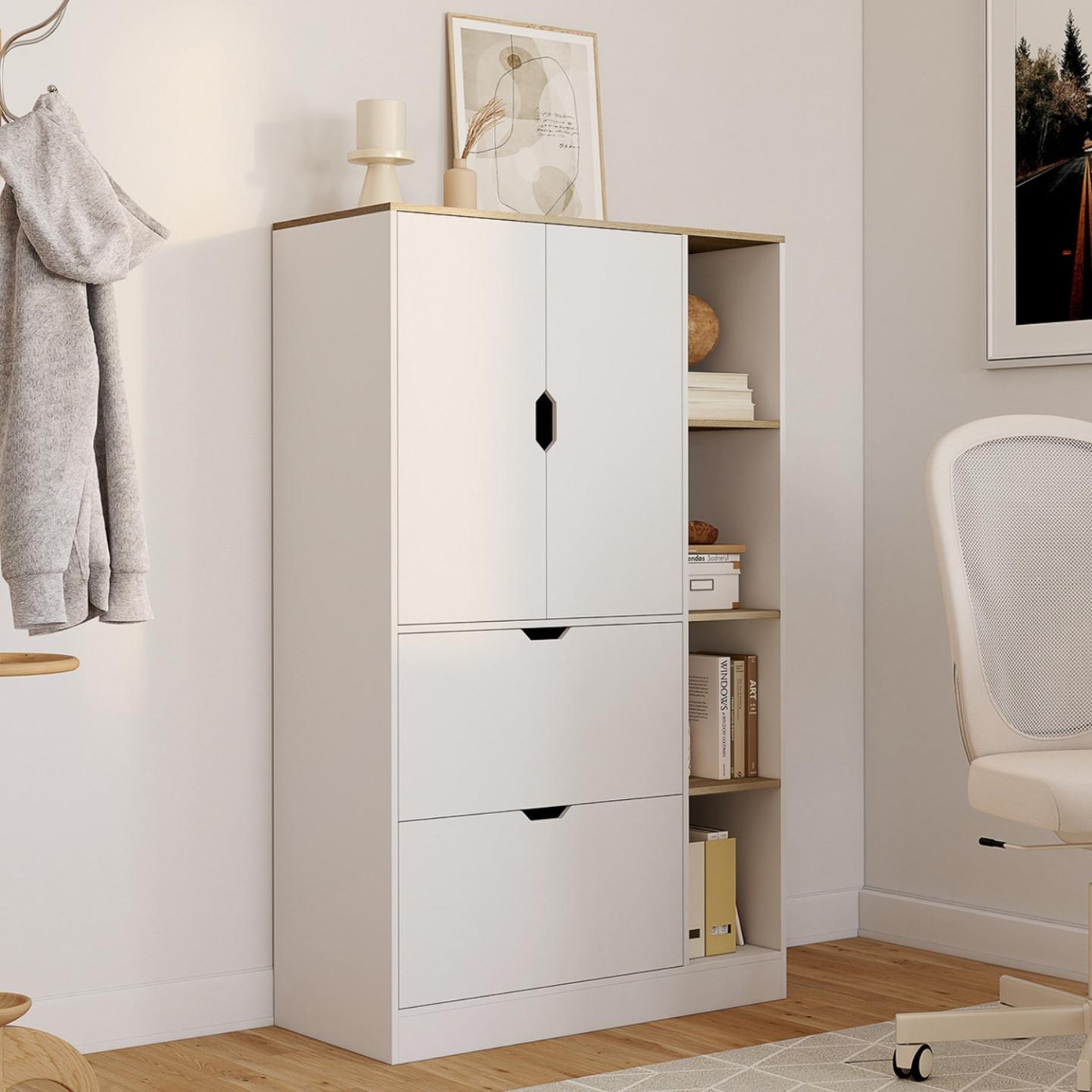 Voir la diapositive 5 : ID MARKET Meuble de rangement l. 80 cm nouk pour bureau, chambre, entrée avec 3 portes et 2 tiroirs blanc et bois