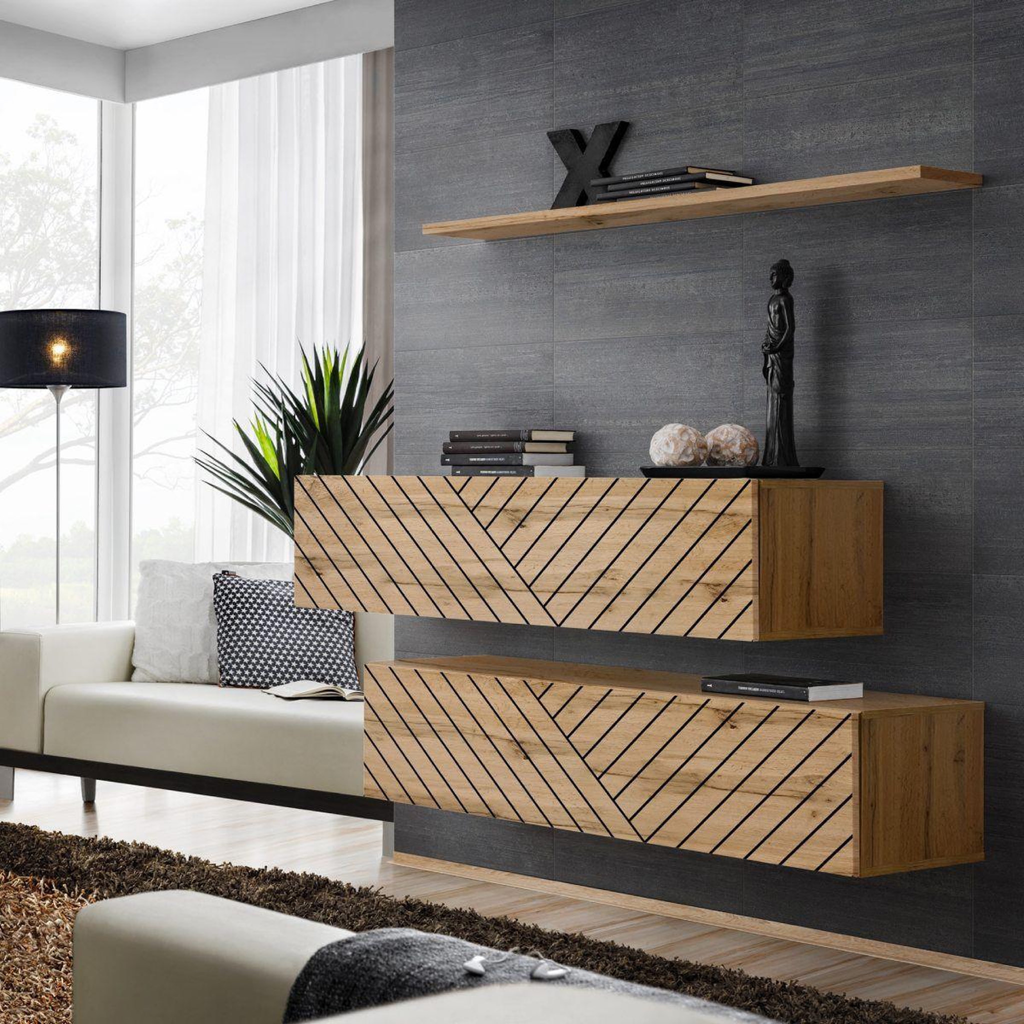 Paris Prix Lot de 2 bancs muraux & étagère  switch sbii  130cm naturel rainuré