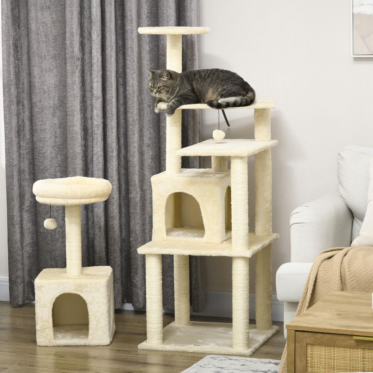 PAWHUT Arbre à chat modulable - griffoirs, 2 niches, 4 plateformes, 2 boules suspendues - peluche douce beige