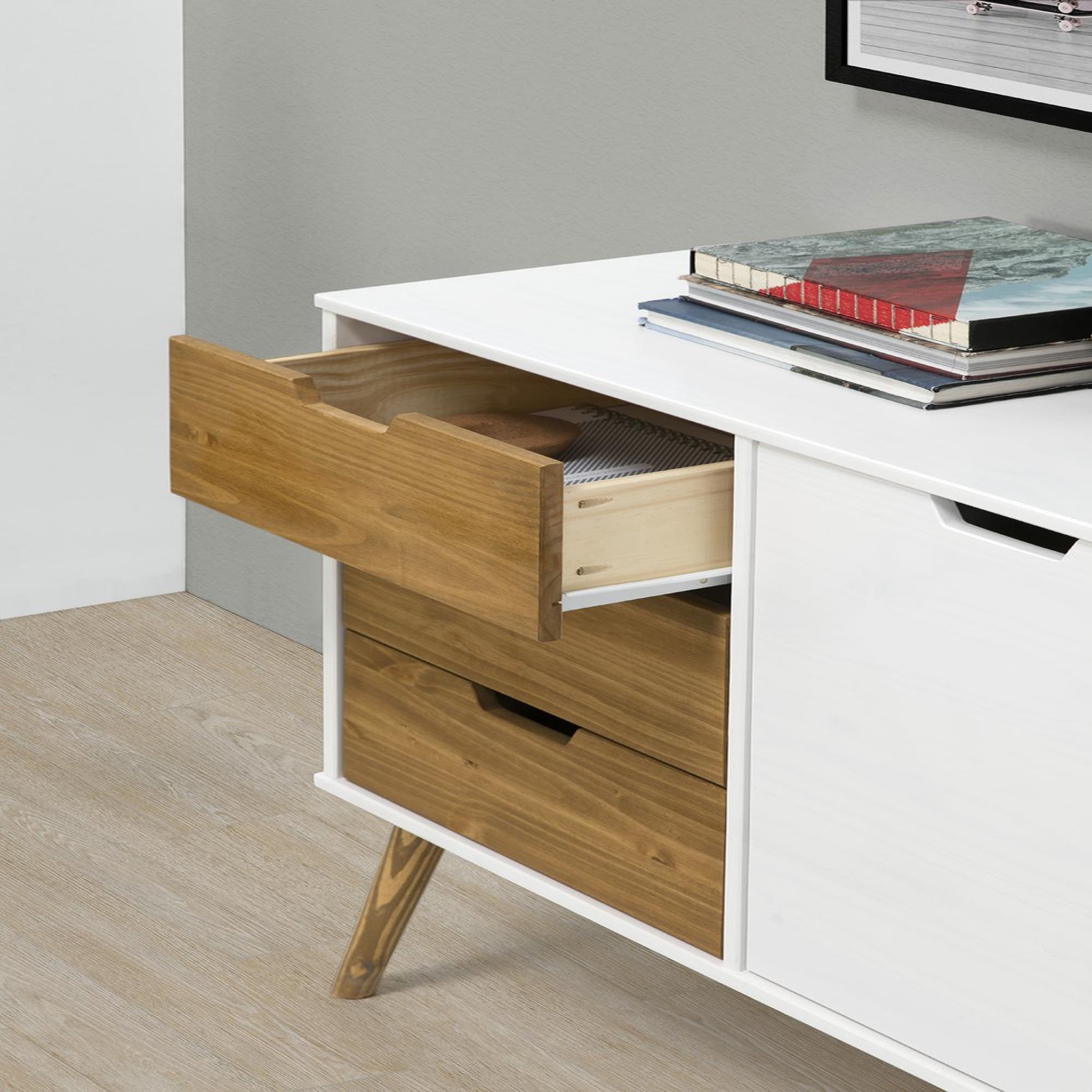 Voir la diapositive 5 : VS VENTA-STOCK Buffet Commode Java 3 tiroir y 2 Porte Blanc, glissières métalliques, Longueur 140 cm
