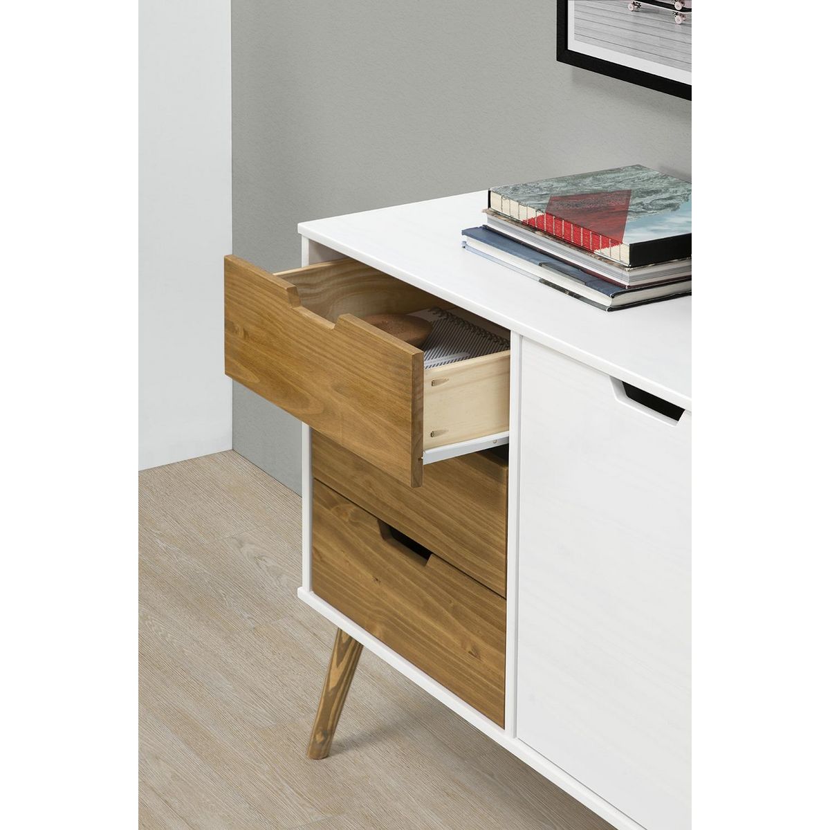 VS VENTA-STOCK Buffet Commode Java 3 tiroir y 2 Porte Blanc, glissières métalliques, Longueur 140 cm