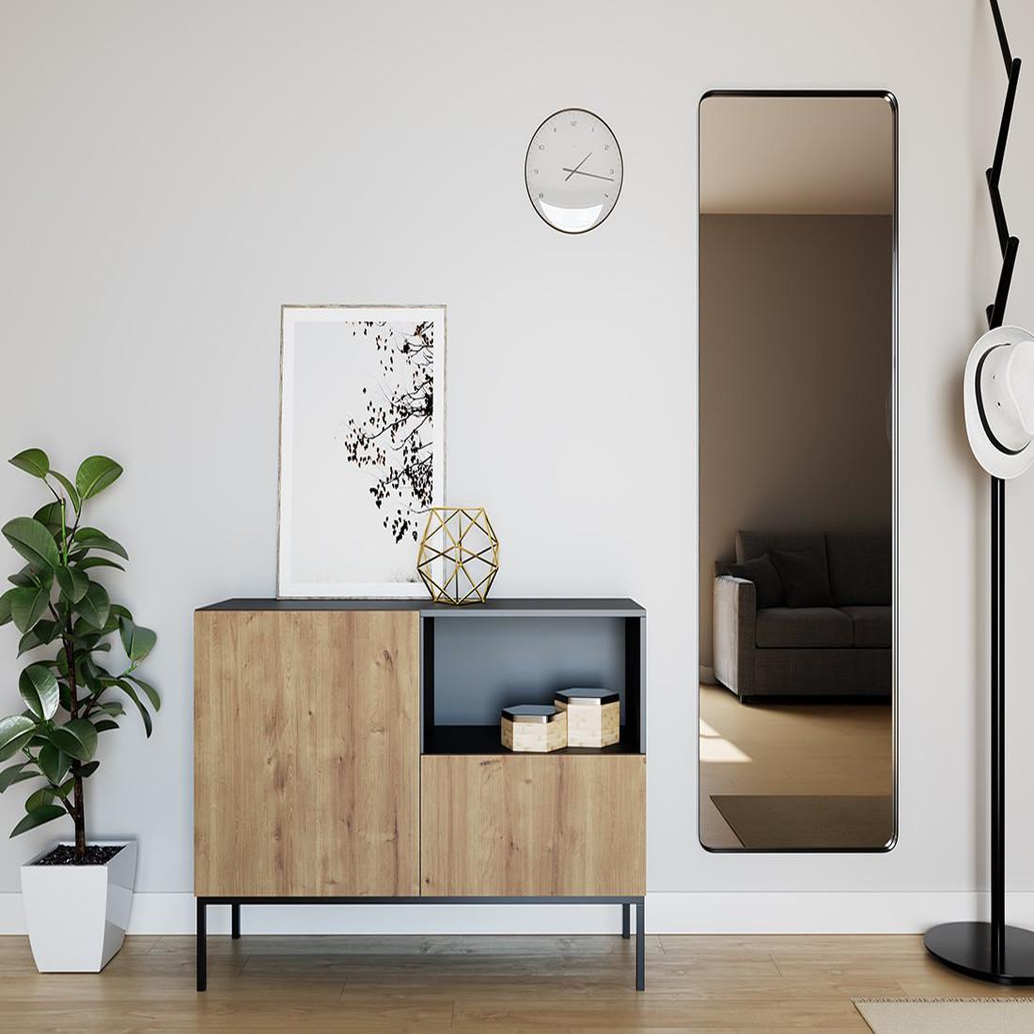 Voir la diapositive 2 : BEST MOBILIER Felicia - buffet bas - effet bois et noir - 1 porte, 1 tiroir et 1 niche - 120 cm