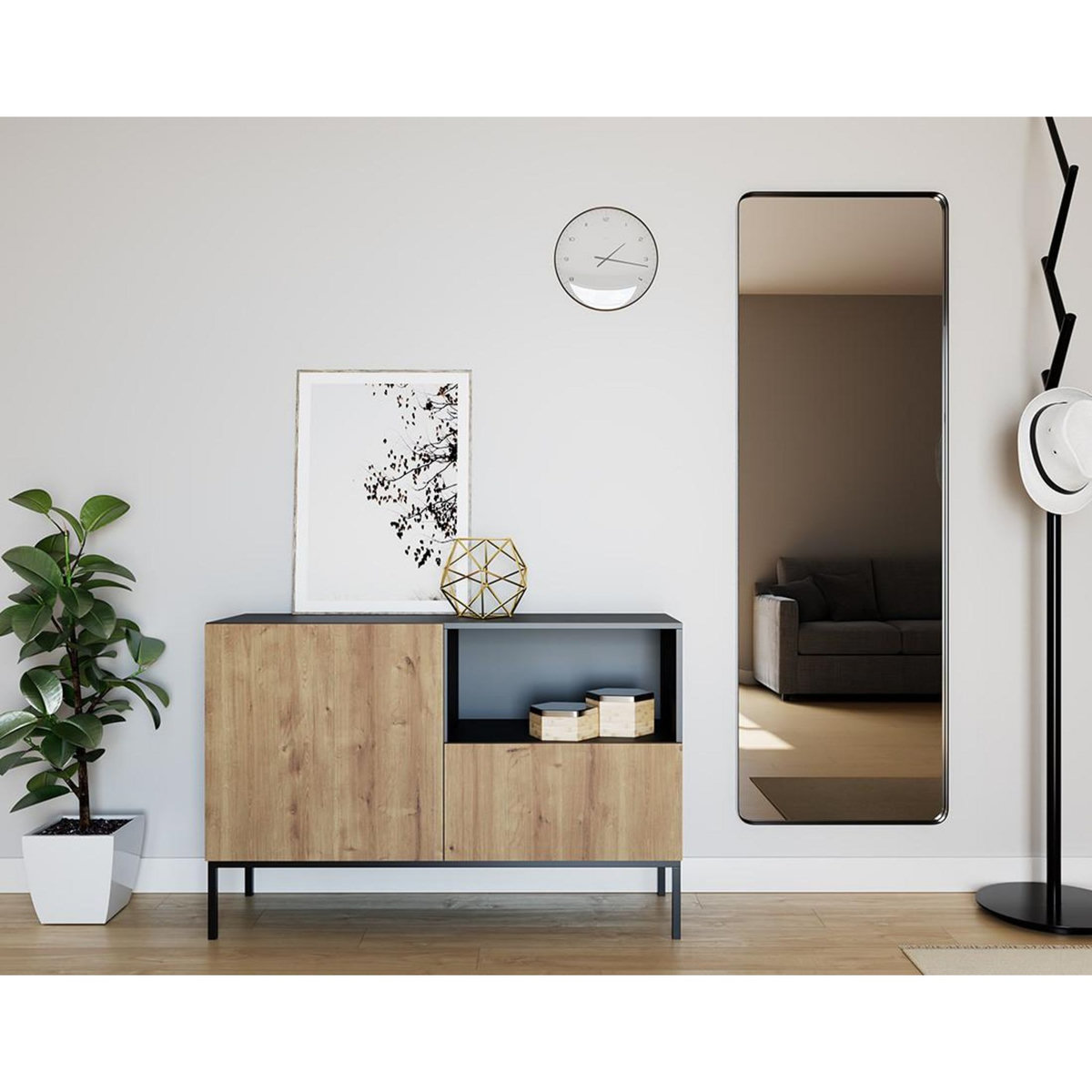 BEST MOBILIER Felicia - buffet bas - effet bois et noir - 1 porte, 1 tiroir et 1 niche - 120 cm