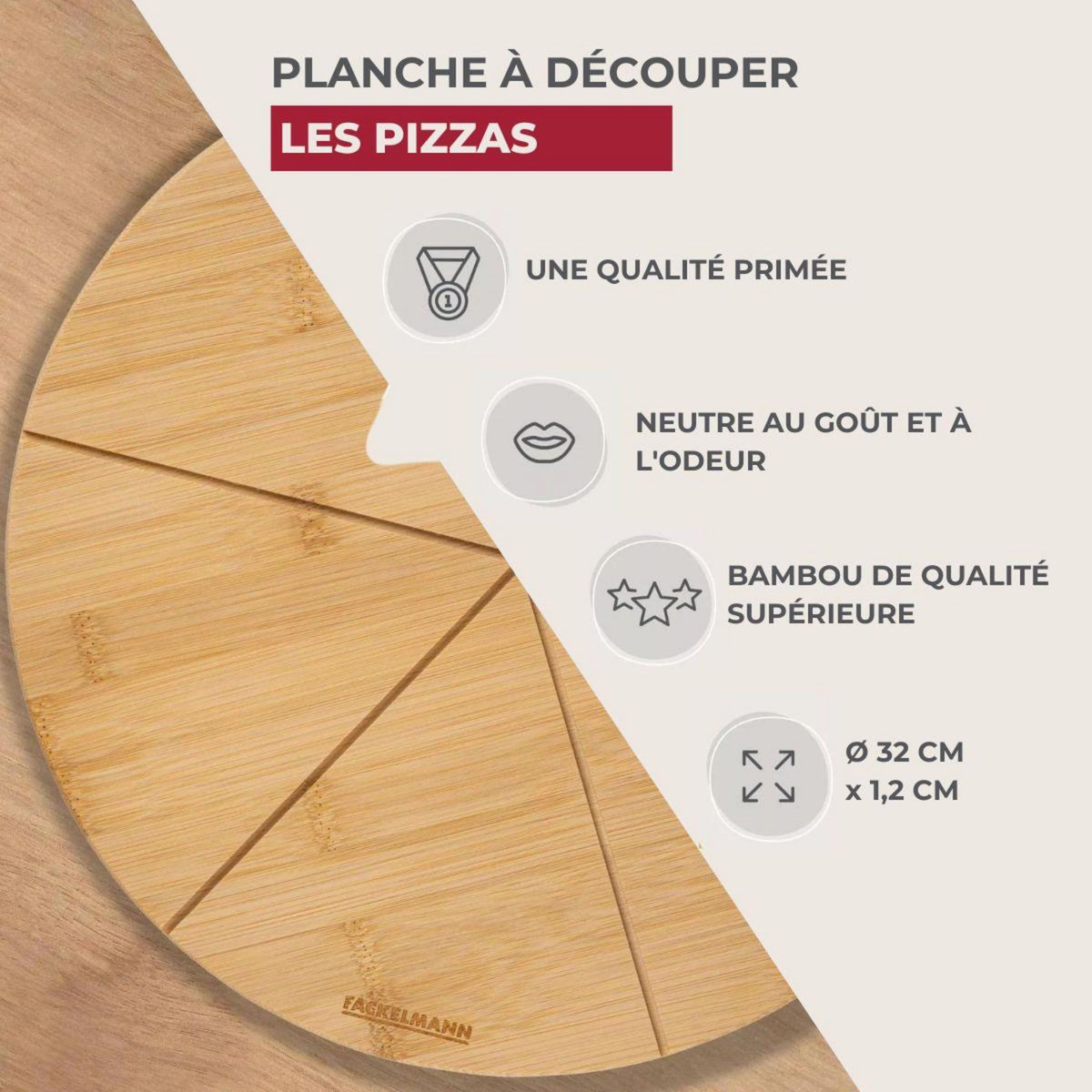 Fackelmann Planche à pizza avec rainures de coupe, Ø 32 cm