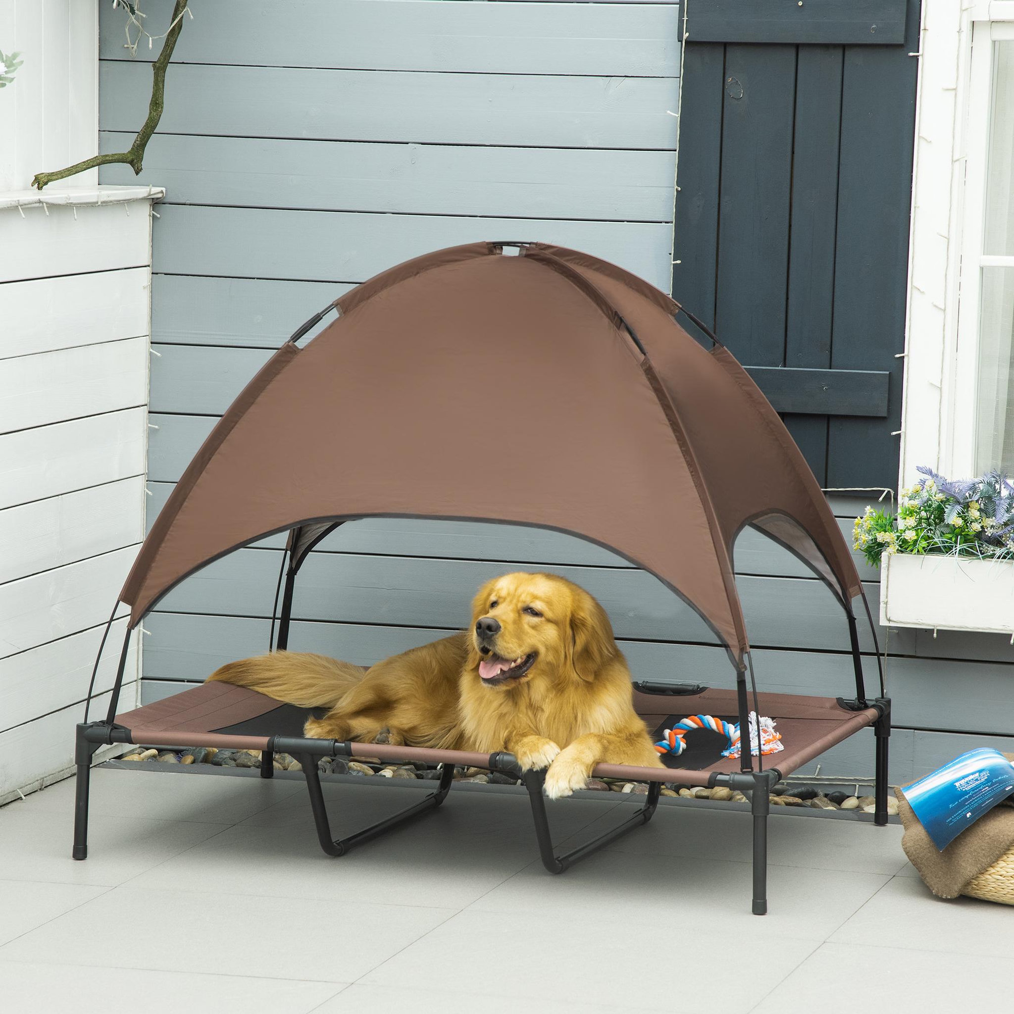 Voir la diapositive 2 : PAWHUT Lit pour chien chat sur pied velum anti-uv tissu oxford micro-perforé sac transport inclus marron