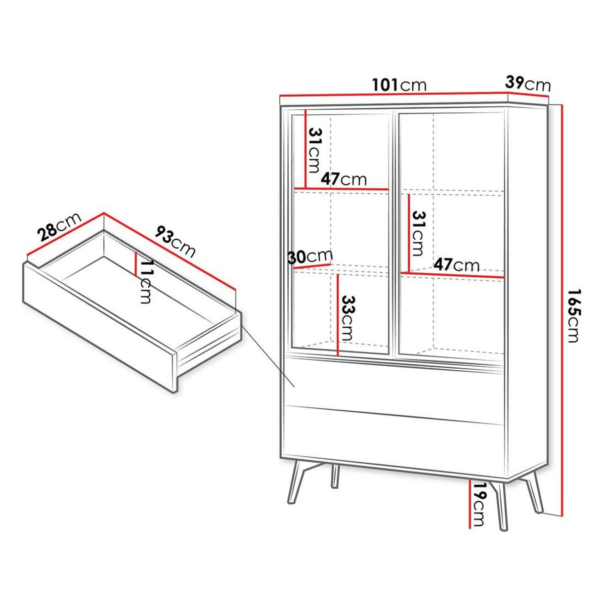 BEST MOBILIER Larry - vitrine - 2 portes et 2 tiroirs - effet bois et métal noir - 144 cm