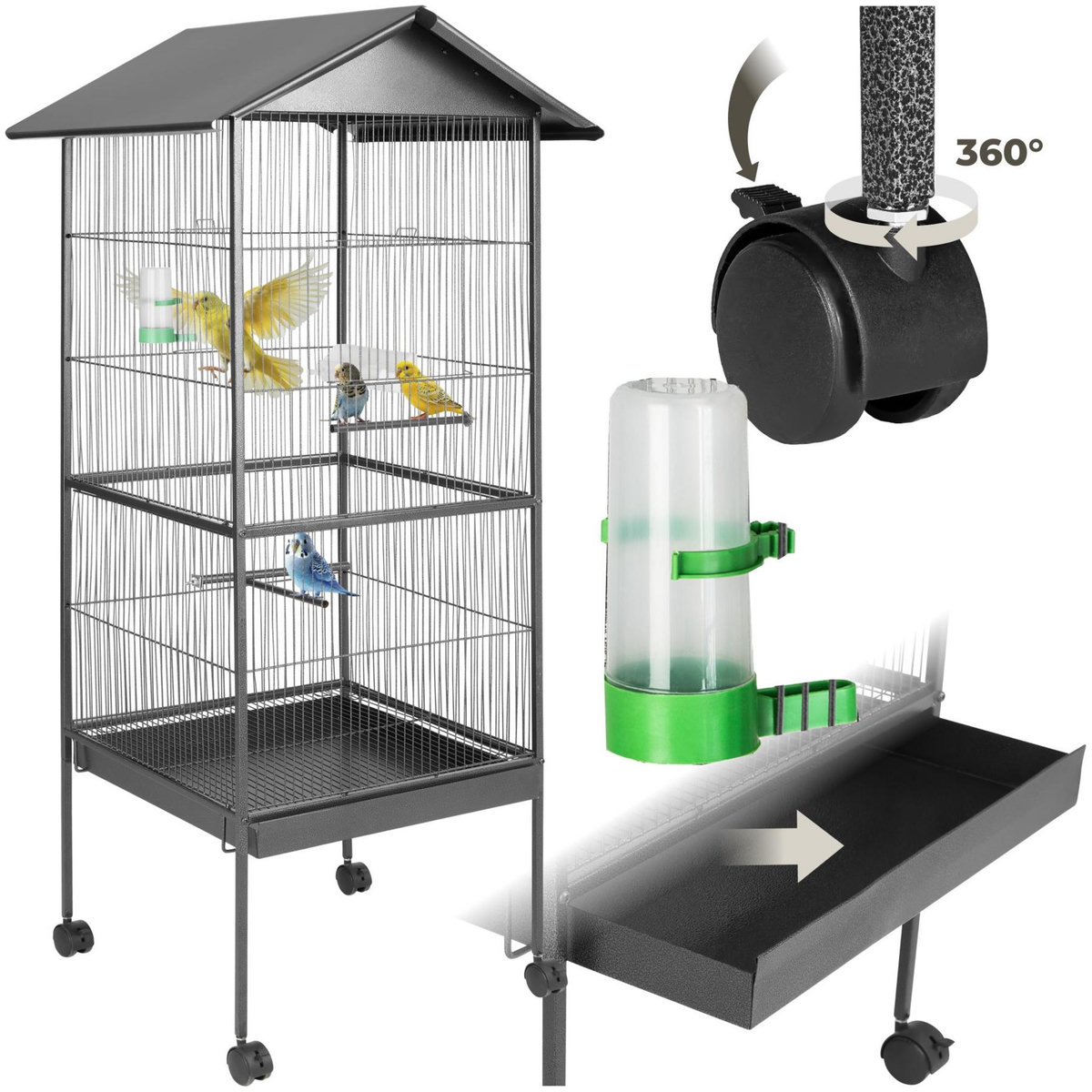 tectake Cage à oiseaux en finition martelée gris anthracite