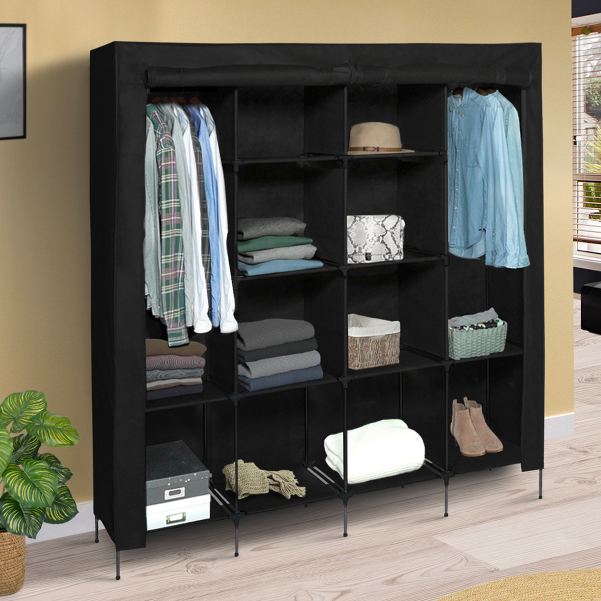 ID MARKET Grande armoire de rangement penderie pliable vêtements en tissu noir dressing DOUBLE XXL
