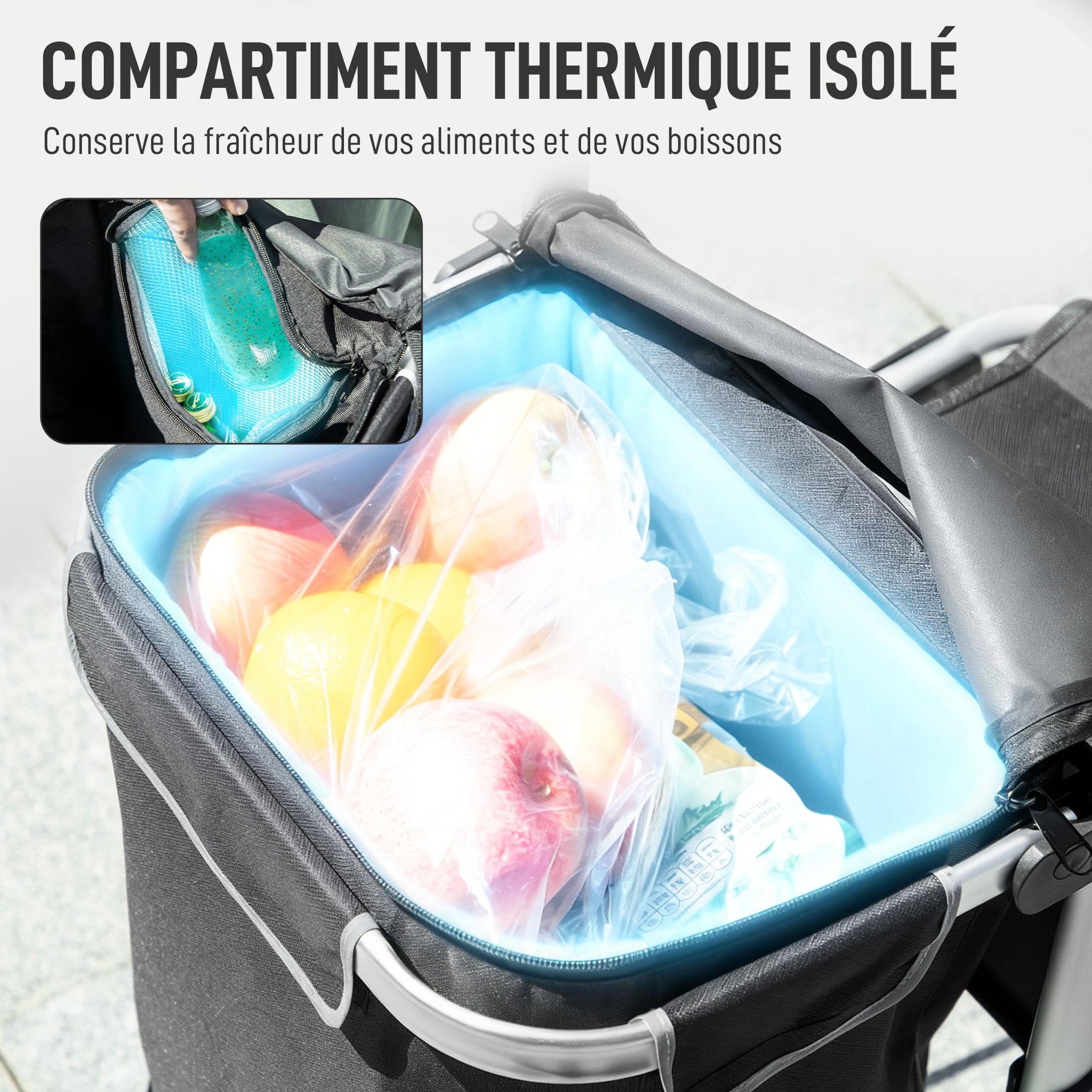 Voir la diapositive 6 : HOMCOM Chariot de courses pliable 3 en 1 sac à bandoulière 40l chariot transport poignée réglable compartiment isotherme alu noir