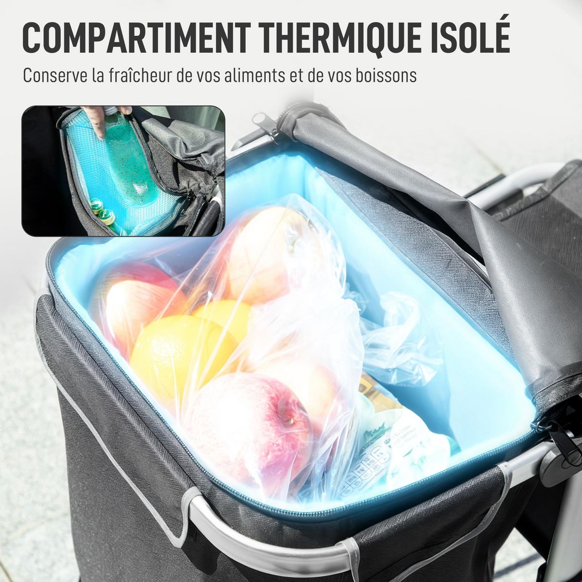 HOMCOM Chariot de courses pliable 3 en 1 sac à bandoulière 40L chariot transport poignée réglable compartiment isotherme alu noir