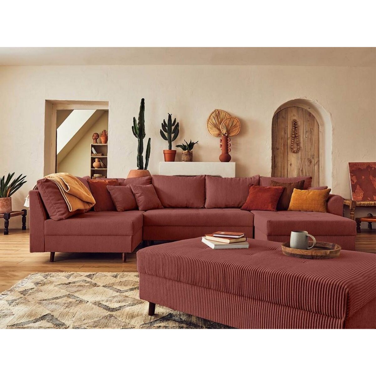 LISA DESIGN Rune - canapé panoramique d'angle gauche - 7 places - avec pouf d'appoint - en velours côtelé