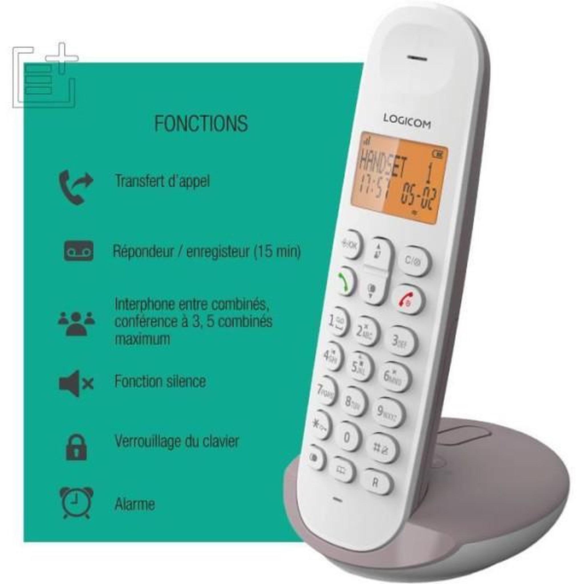 Voir la diapositive 6 : Logicom Téléphone sans fil Iloa Solo Répondeur Taupe
