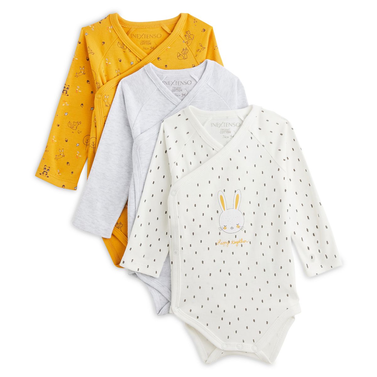 INEXTENSO Lot de 3 bodies de naissance manches longues lapins bébé garçon