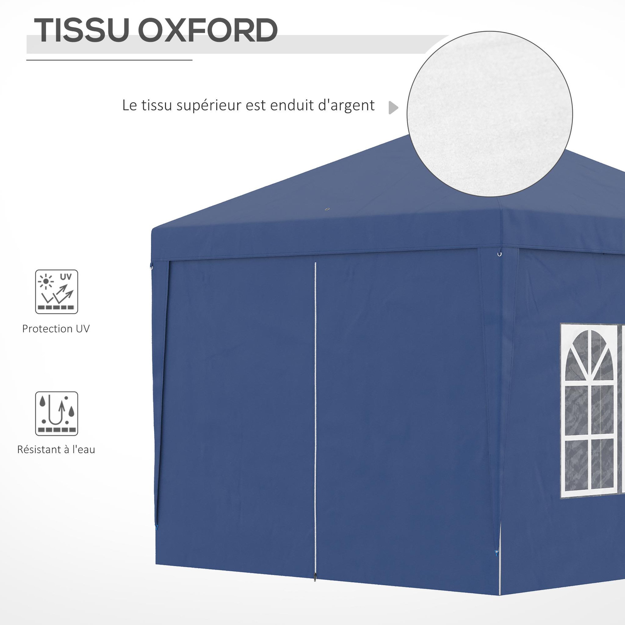 Voir la diapositive 6 : OUTSUNNY Tonnelle barnum pop-up pliant dim. 3L x 3l x 2,58H m 2 fenêtres sac transport acier Oxford bleu